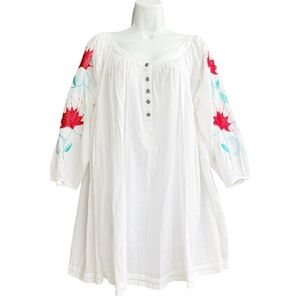 TASKA POLIZZI White Hippie Bohemian Tunic Top Size L Floral Embroidered Sleeves